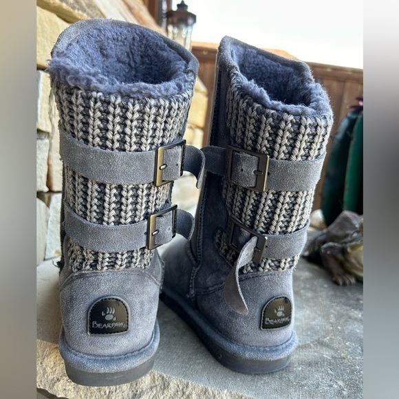 BearPaw winter Clara leather knit pull on buckle strap Grey Fog boots Sz-7. J - Picture 2 of 11